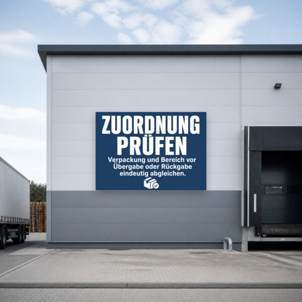 KI-generiertes Anwendungsbeispiel: Zuordnung prüfen Schild Verpackung Bereich Übergabe Rückgabe am passenden Einsatzort mit gut sichtbarem Motiv und klarer Beschriftung.