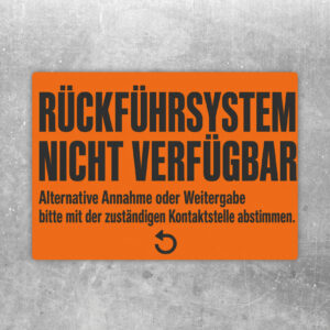 Rückführsystem nicht verfügbar Aufkleber im Querformat mit Annahmetheke, Transportbox und Abstimmungshinweis.