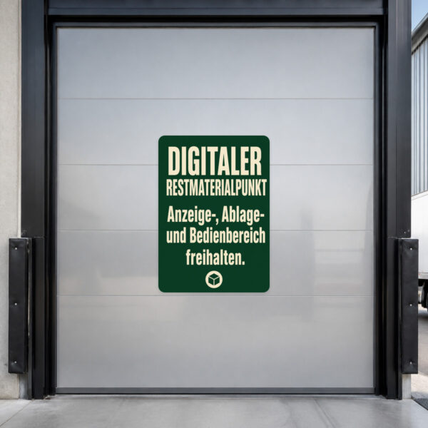 KI-generiertes Anwendungsbeispiel: Aufkleber Digitaler Restmaterialpunkt auf Metallfläche im Lager mit Ablagen und Display.