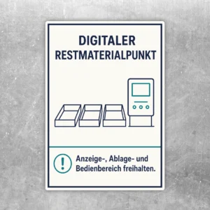 Aufkleber Digitaler Restmaterialpunkt mit Ablagen, Display und Hinweis Anzeige-, Ablage- und Bedienbereich freihalten.