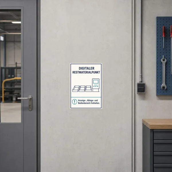 KI-generiertes Anwendungsbeispiel: Aufkleber Digitaler Restmaterialpunkt auf Metallfläche im Lager mit Ablagen und Display.