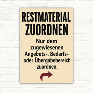 Restmaterial zuordnen Schild mit Text zu Angebots-, Bedarfs- oder Übergabebereich und technischer Pfeilgrafik.