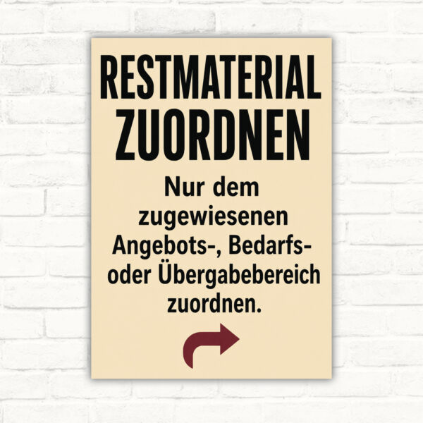 Restmaterial zuordnen Schild mit Text zu Angebots-, Bedarfs- oder Übergabebereich und technischer Pfeilgrafik.