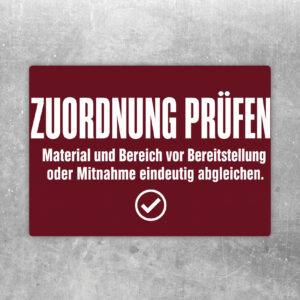 Zuordnung prüfen Aufkleber mit Symbolen für Material, Rasterfeld und Haken zum Abgleich von Bereich und Bereitstellung.