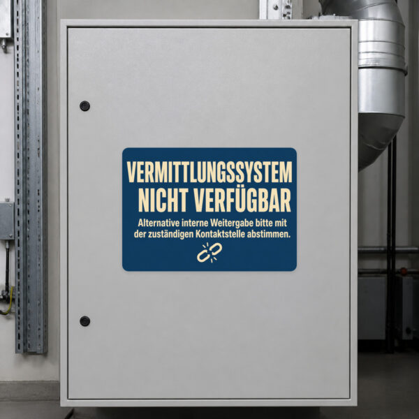 KI-generiertes Anwendungsbeispiel: Aufkleber „Vermittlungssystem nicht verfügbar“ an einer internen Servicestelle.