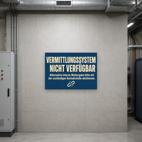 KI-generiertes Anwendungsbeispiel: Vermittlungssystem nicht verfügbar Schild – Hinweis zur alternativen internen Weitergabe am passenden Einsatzort mit gut sichtbarem Motiv und klarer Beschriftung.