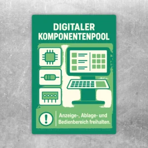 Grüner Aufkleber Digitaler Komponentenpool mit Monitor, Bauteilen und Hinweis zum Freihalten von Anzeige- und Bedienbereich.