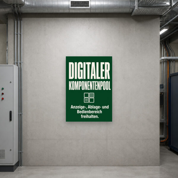 KI-generiertes Anwendungsbeispiel: Technik-Hinweisschild „Digitaler Komponentenpool“ an Wand zur Freihaltung von Bedienbereichen.