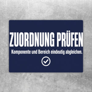 Zuordnung prüfen Aufkleber im Querformat mit Komponentensymbol, Rastergrafik und blauem Häkchen auf grauem Untergrund.