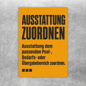 Ausstattung zuordnen Aufkleber in Beige, Grün und Rot mit Stuhlmotiv für Pool-, Bedarfs- und Übergabebereiche.