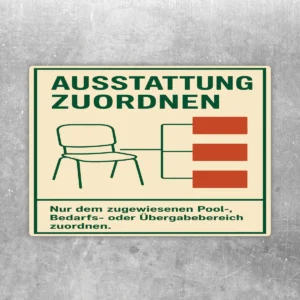 Ausstattung zuordnen Aufkleber in Beige, Grün und Rot mit Stuhlmotiv für Pool-, Bedarfs- und Übergabebereiche.