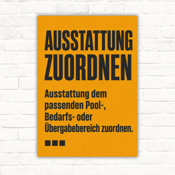 Ausstattung zuordnen Schild für Pool-, Bedarfs- und Übergabebereiche mit gut lesbarem Motiv und klarer Beschriftung als bedrucktes Schild aus Aluminium-Verbundplatte.