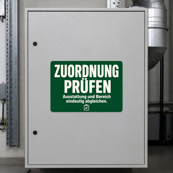 KI-generiertes Anwendungsbeispiel: Aufkleber Zuordnung abgleichen auf grauer Fläche mit Hinweis und Möbel-Symbolen.