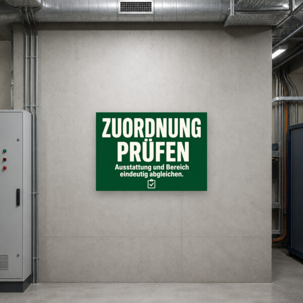 KI-generiertes Anwendungsbeispiel: Hinweisschild „Zuordnung abgleichen“ für Ausstattung und Bereich an weißer Wand.