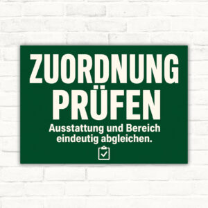 Hinweisschild „Zuordnung abgleichen“ mit Text zu Ausstattung und Bereich sowie Möbelpiktogrammen im Querformat.