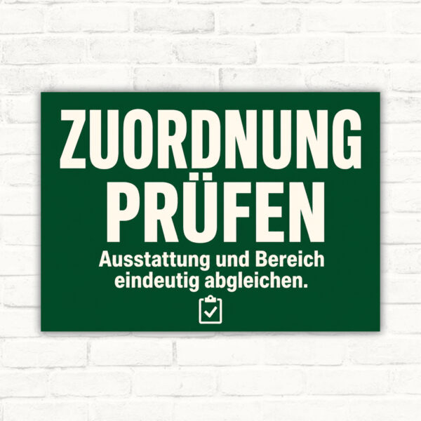 Hinweisschild „Zuordnung abgleichen“ mit Text zu Ausstattung und Bereich sowie Möbelpiktogrammen im Querformat.