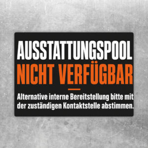 Aufkleber im Querformat mit Text Ausstattungspool nicht verfügbar, Pfeil und Personensymbol in Violett und Petrol.