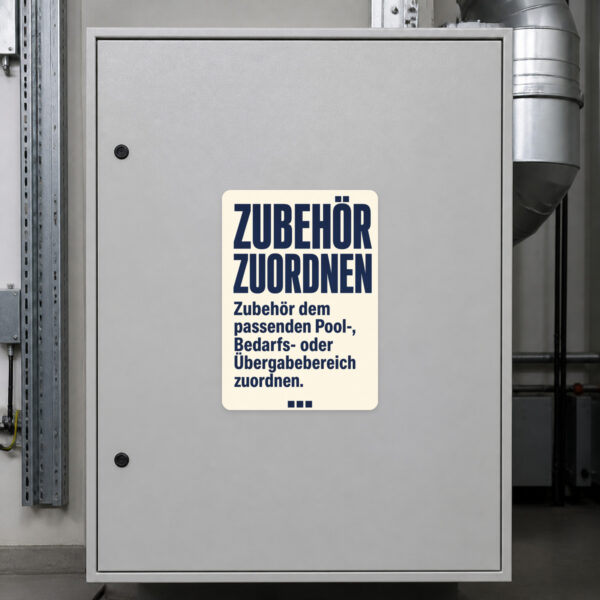 KI-generiertes Anwendungsbeispiel: Zubehör zuordnen Aufkleber auf grauem Untergrund für organisierte Übergabebereiche.