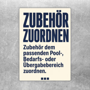 Zubehör zuordnen Aufkleber in Beige, Grün und Rot mit Pfeilgrafik für Pool-, Bedarfs- und Übergabebereiche.