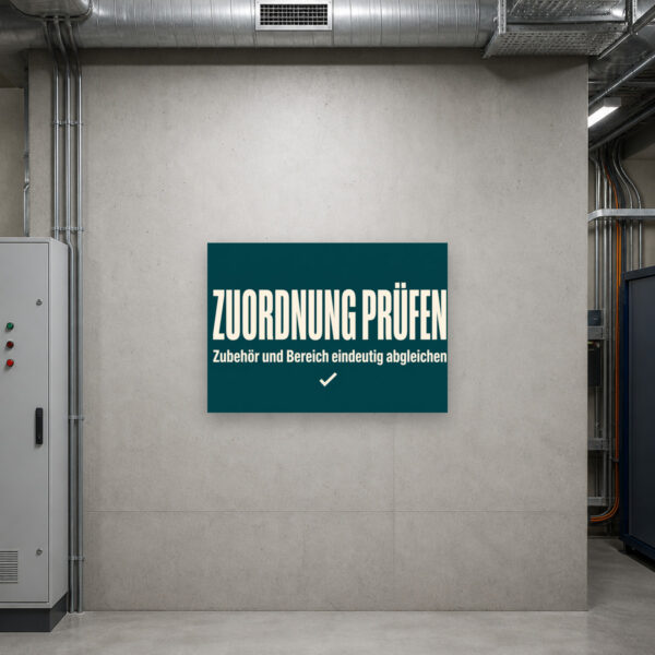 KI-generiertes Anwendungsbeispiel: Zuordnung abgleichen Schild an einer Wand für Zubehörprüfung vor Bereitstellung.