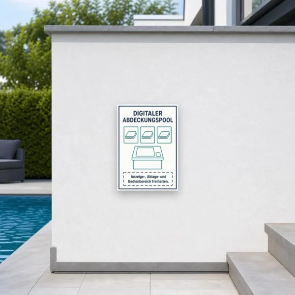 KI-generiertes Anwendungsbeispiel: Digitaler Abdeckungspool Schild – Anzeige-, Ablage- und Bedienbereich freihalten am passenden Einsatzort mit gut sichtbarem Motiv und klarer Beschriftung.
