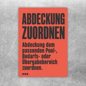 Abdeckung zuordnen Aufkleber in Beige mit grüner Schrift, Pfeilgrafik und roten Feldern für Pool- und Übergabebereiche.