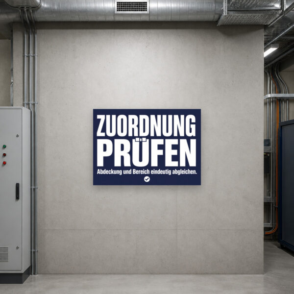 KI-generiertes Anwendungsbeispiel: Zuordnung abgleichen Schild an Wand, mit Abdeckung, Bereichsraster und Prüfhinweis.