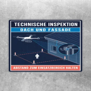 Aufkleber Technische Inspektion Dach und Fassade mit Drohne, Gebäudezeichnung und rotem Hinweis Abstand halten.