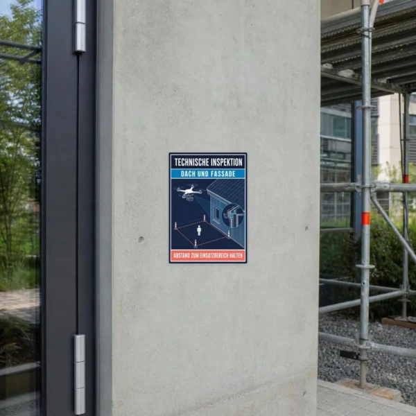 KI-generiertes Anwendungsbeispiel: Aufkleber Technische Inspektion Dach und Fassade an grauer Oberfläche.