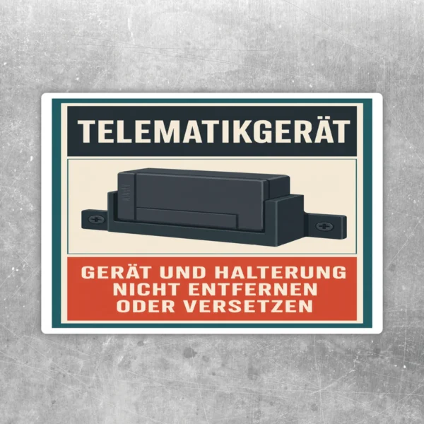 Telematikgerät Aufkleber mit Geräteabbildung und rotem Hinweis, Gerät und Halterung nicht entfernen oder versetzen.