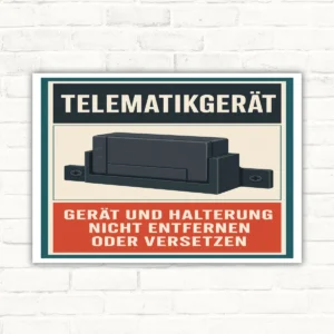 Telematikgerät Schild mit Text „Gerät und Halterung nicht entfernen oder versetzen“ und Geräteabbildung.