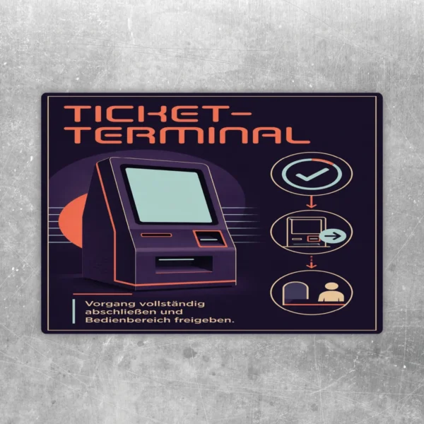 Ticket-Terminal Aufkleber mit Automat, Symbolen und Hinweis zum vollständigen Abschließen des Vorgangs.