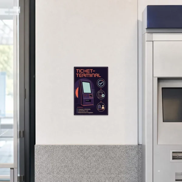KI-generiertes Anwendungsbeispiel: Ticket-Terminal Aufkleber an Metallfläche mit Hinweis zum Freigeben des Bedienbereichs.