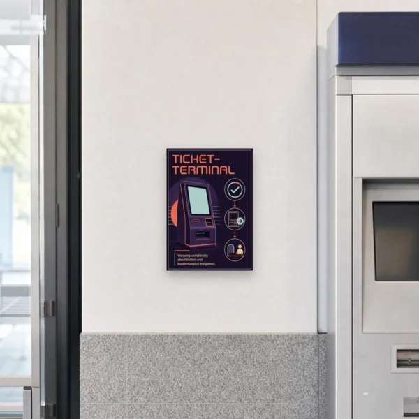 KI-generiertes Anwendungsbeispiel: Ticket-Terminal Schild „Vorgang abschließen und Bedienbereich freigeben“ am passenden Einsatzort mit gut sichtbarem Motiv und klarer Beschriftung.