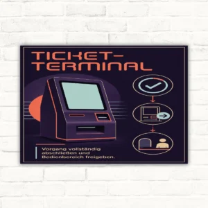 Ticket-Terminal Schild „Vorgang abschließen und Bedienbereich freigeben“ mit gut lesbarem Motiv und klarer Beschriftung als bedrucktes Schild aus Aluminium-Verbundplatte.