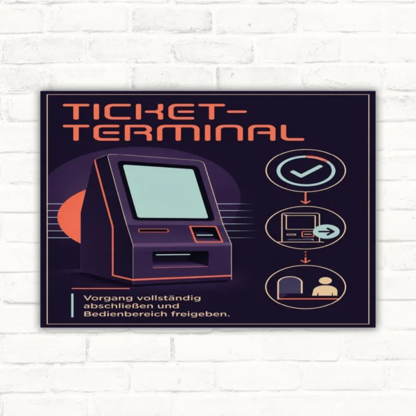 Ticket-Terminal Schild „Vorgang abschließen und Bedienbereich freigeben“ mit gut lesbarem Motiv und klarer Beschriftung als bedrucktes Schild aus Aluminium-Verbundplatte.