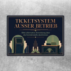 Ticketsystem außer Betrieb Aufkleber im Querformat mit Hinweis zur alternativen Anmeldung über die Kontaktstelle.