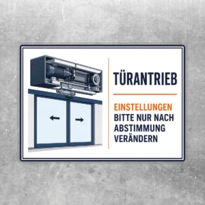 Querformatiger Aufkleber mit Türantrieb-Grafik und Hinweis, Einstellungen nur nach Abstimmung zu verändern.
