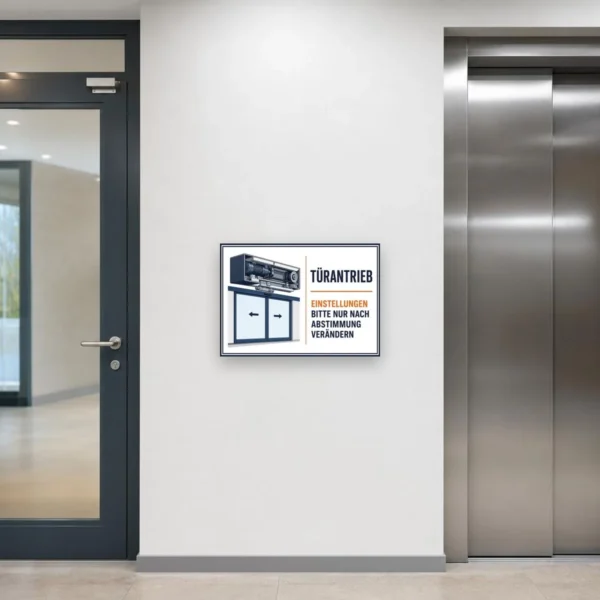 KI-generiertes Anwendungsbeispiel: Querformat-Schild am Türantrieb mit dem Hinweis „Einstellungen bitte nur nach Abstimmung verändern“.