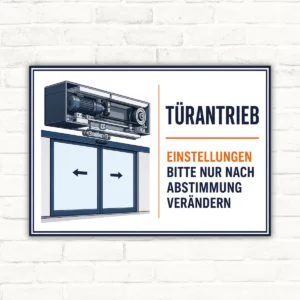 Querformat-Schild mit Türantrieb-Illustration und Text „Einstellungen bitte nur nach Abstimmung verändern“.