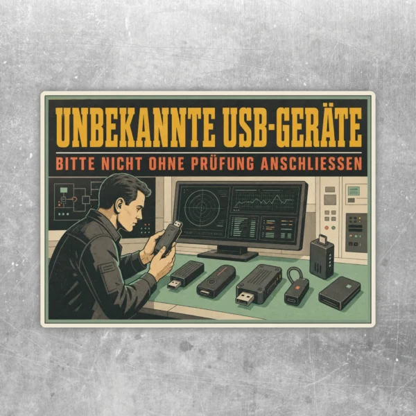 USB-Geräte Aufkleber mit Warntext zu unbekannten USB-Geräten, gelb-orange Retro-Motiv für IT-Sicherheit.