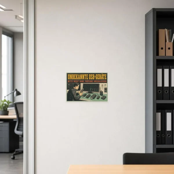 KI-generiertes Anwendungsbeispiel: USB-Geräte Aufkleber am IT-Arbeitsplatz warnt vor ungeprüften USB-Geräten.