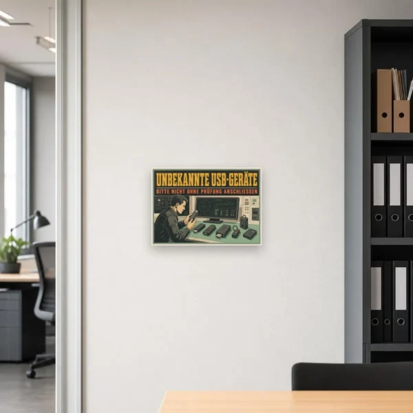 KI-generiertes Anwendungsbeispiel: USB-Geräte Schild mit Prüfhinweis für unbekannte Datenträger im IT-Bereich.