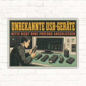 USB-Geräte Schild mit Text „Unbekannte USB-Geräte bitte nicht ohne Prüfung anschließen“ und Technikmotiv.