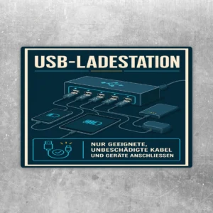 USB-Ladestation Aufkleber mit Ladehub, Kabeln und Hinweis nur unbeschädigte Geräte anschließen.