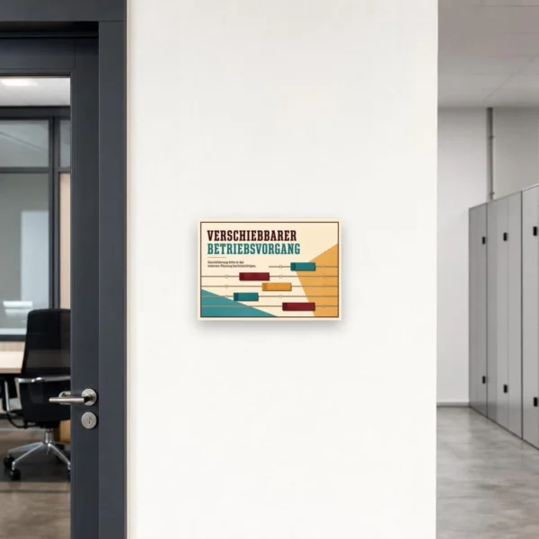 KI-generiertes Anwendungsbeispiel: Hinweisschild „Verschiebbarer Betriebsvorgang“ an einer Wand im Planungsbereich.