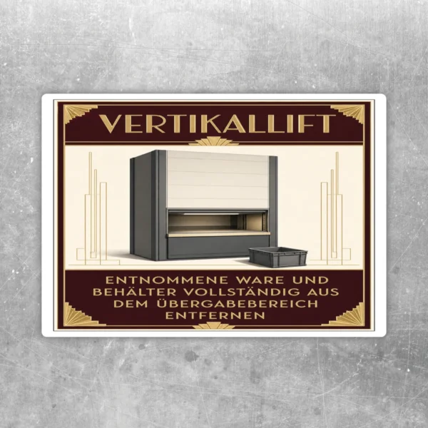 Vertikallift Aufkleber mit braun-goldenem Hinweis, Ware und Behälter aus dem Übergabebereich entfernen.