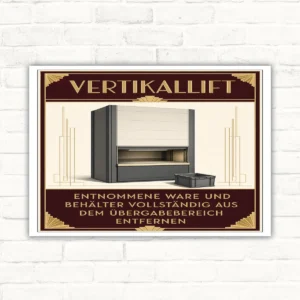 Vertikallift Hinweisschild mit Text „Ware und Behälter vollständig aus dem Übergabebereich entfernen“.