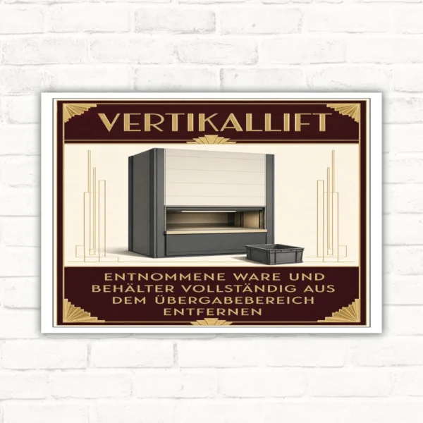 Vertikallift Hinweisschild mit Text „Ware und Behälter vollständig aus dem Übergabebereich entfernen“.