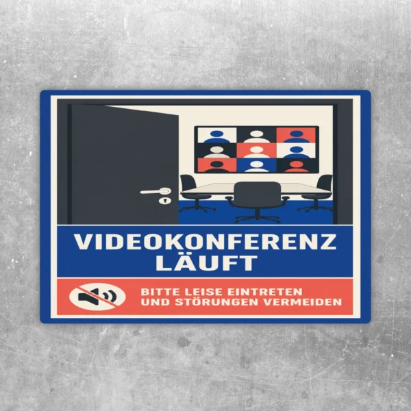 Videokonferenz läuft Aufkleber mit Büroszene, Bildschirm, Ruhe-Symbol und Hinweis Bitte leise eintreten.